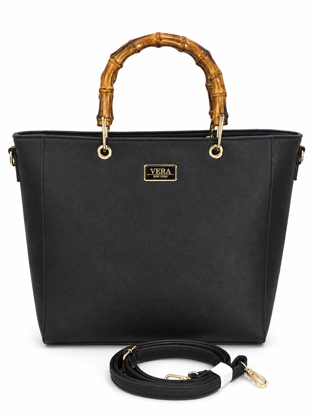 Vera New York Black Bamboo Handle Tote Crossbody Bag Gold Hardware Work Purse - Picture 14 of 14